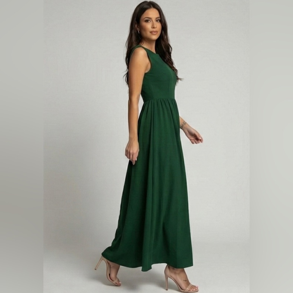 Gathered-Waist A-Line Maxi Dress With Pockets Green - Picture 4 of 9